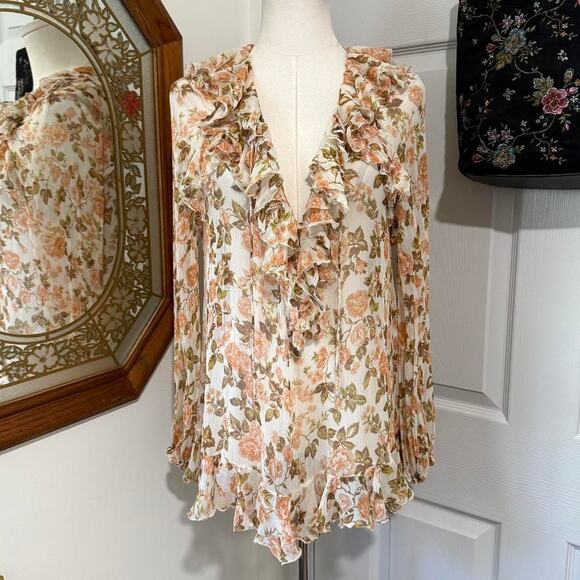 Zimmermann Cream Silk & Peach Floral Pattern Ruffled Long Sleeve Sheer Top 0/XS - Picture 3 of 8
